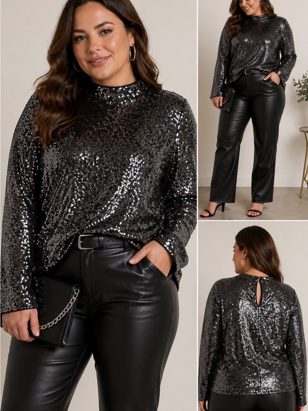 Lane Bryant Black Silver Sequin Top Size 14 Long Sleeve Mock Neck Party Blouse